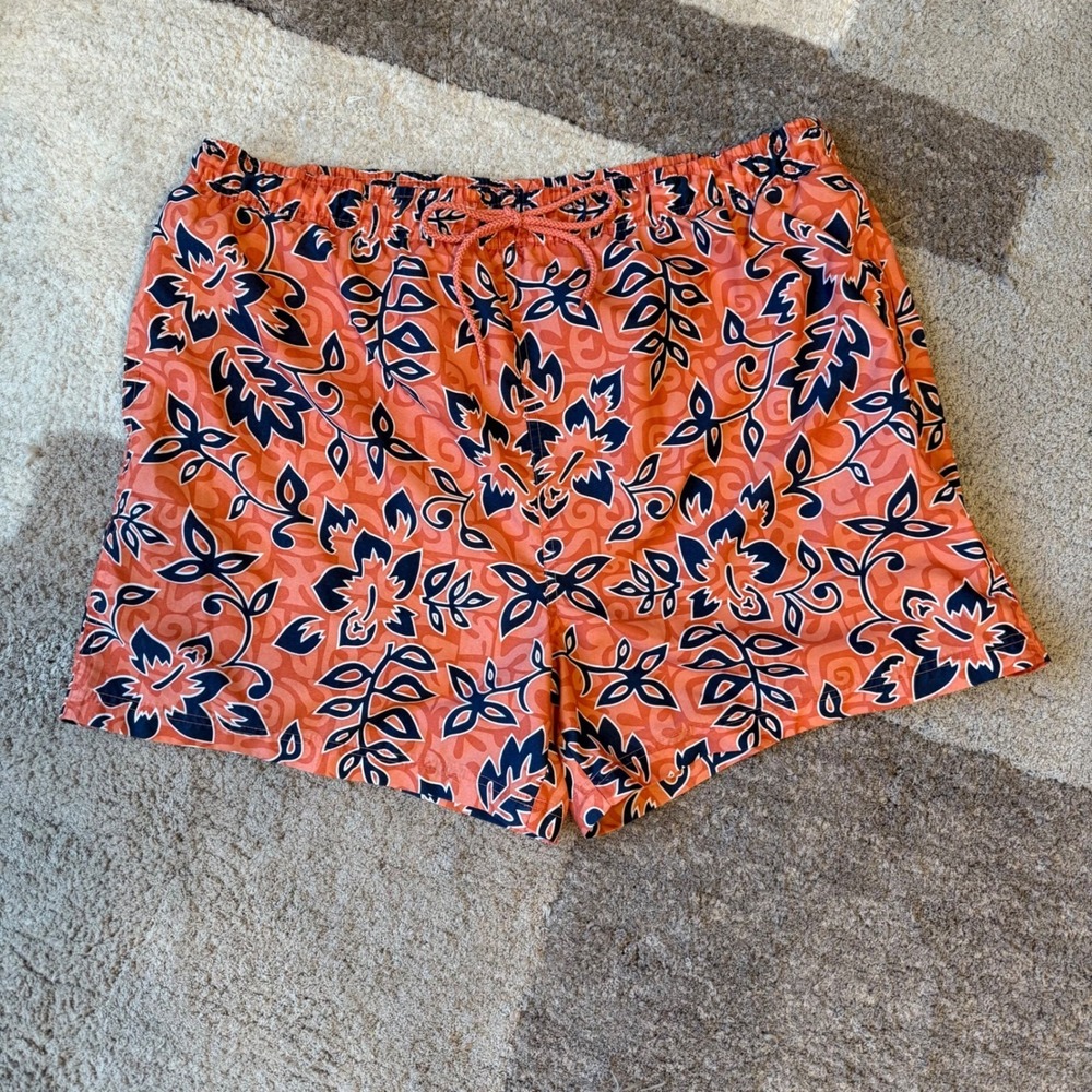 Mens‎ Orange Floral Hibiscus Swim Trunks Mesh Lined Board Shorts Size L 36-38